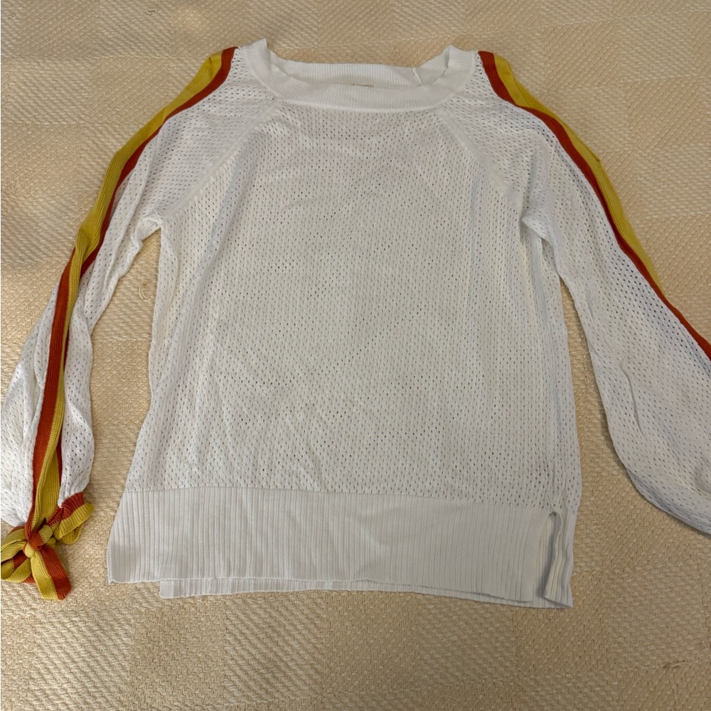 White Knit Top with Red and Yellow Stripe Sleeve Detail